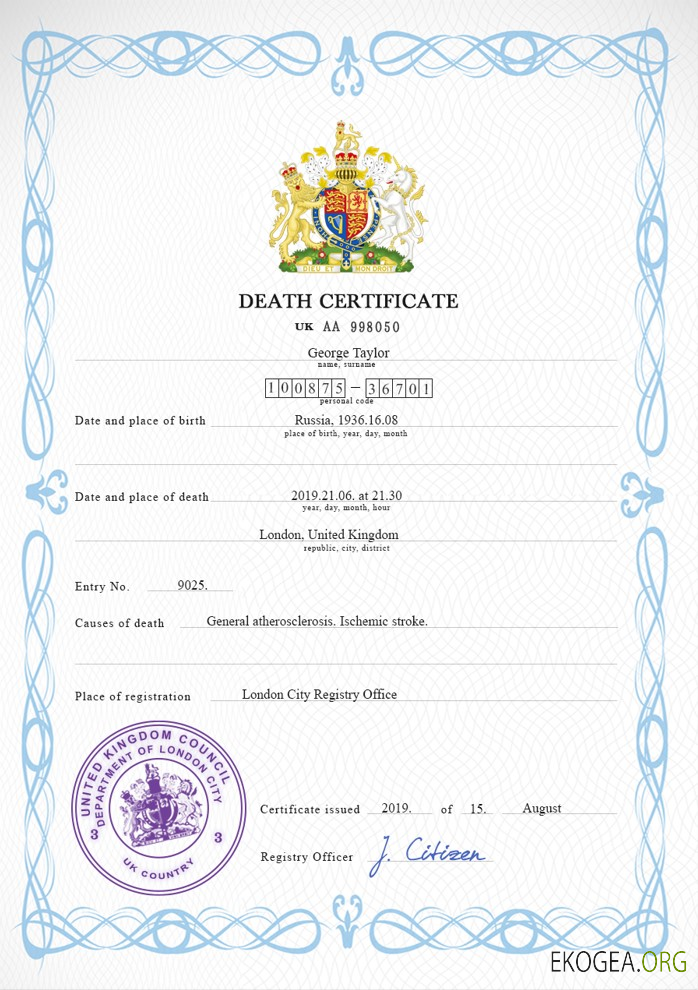 Modèle PSD de certificat de décès du Royaume Uni, entièrement modifiable